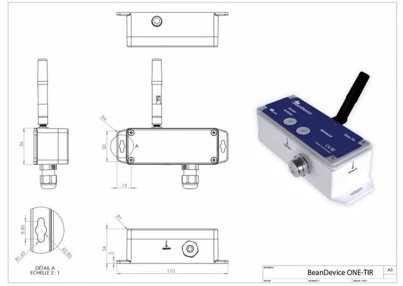 BeanDevice 2.4GHz ONE-TIR 傳感器的尺寸圖